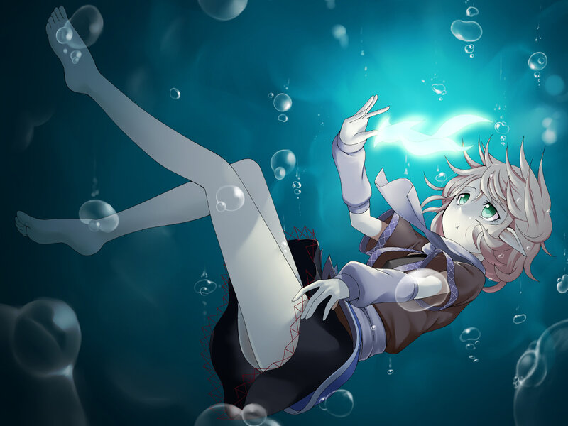 Anime Character Underwater — Blue, Serene, Digital Art, Bubbles, Magic