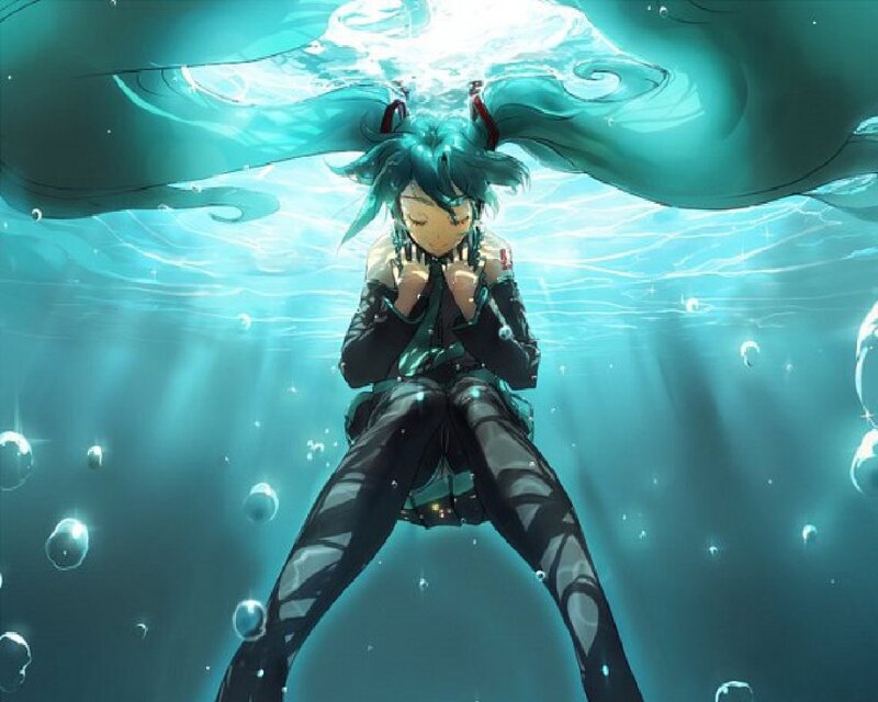 Anime Character Underwater — Blue, Serene, Digital Art, Bubbles