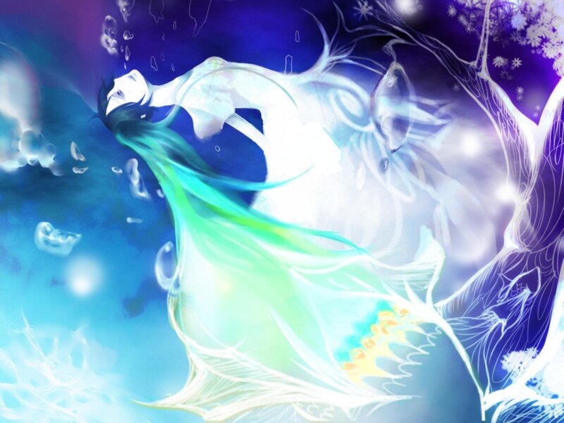 Anime Character Underwater — Blue, Serene, Digital Art