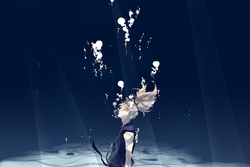 Anime Character Underwater — Blue, Serene, Night