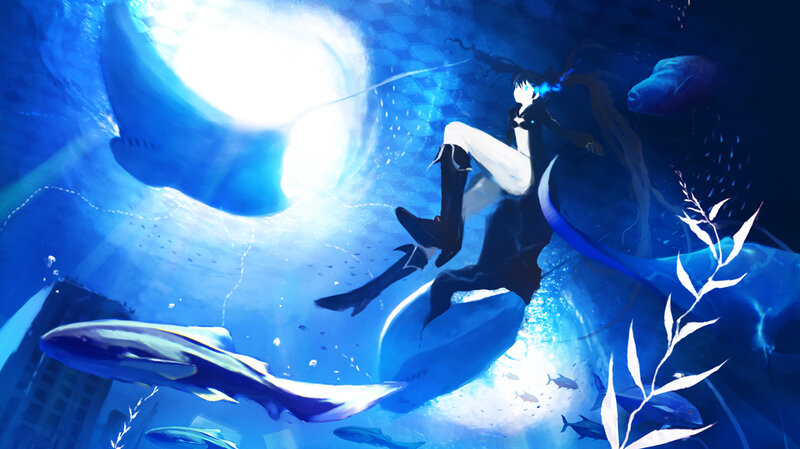 anime character underwater with fish