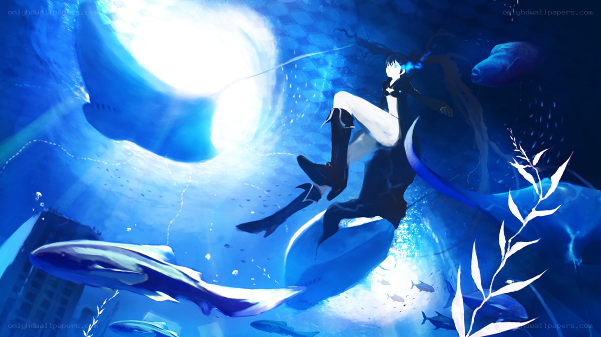 anime character underwater with fish