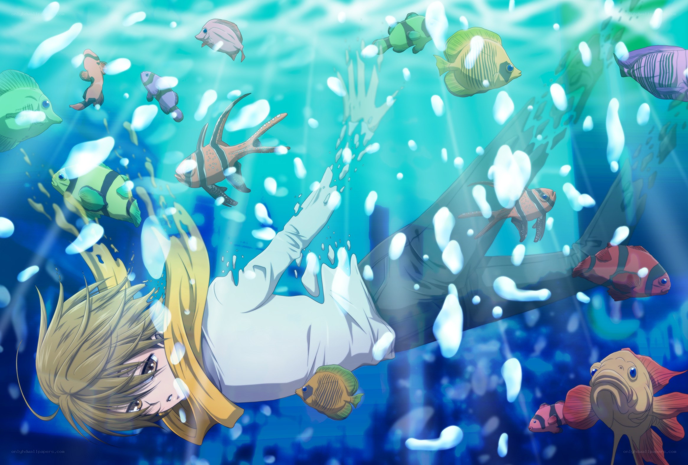 anime character underwater with fish