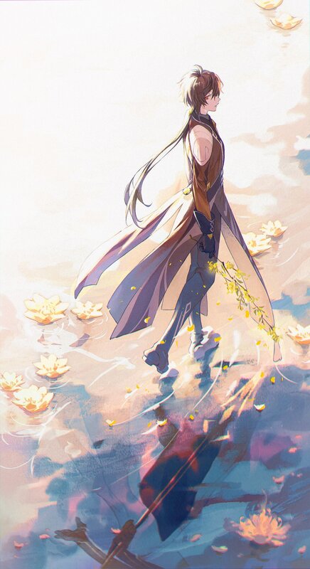 Anime Character Walking — Blue, Serene, Sunset