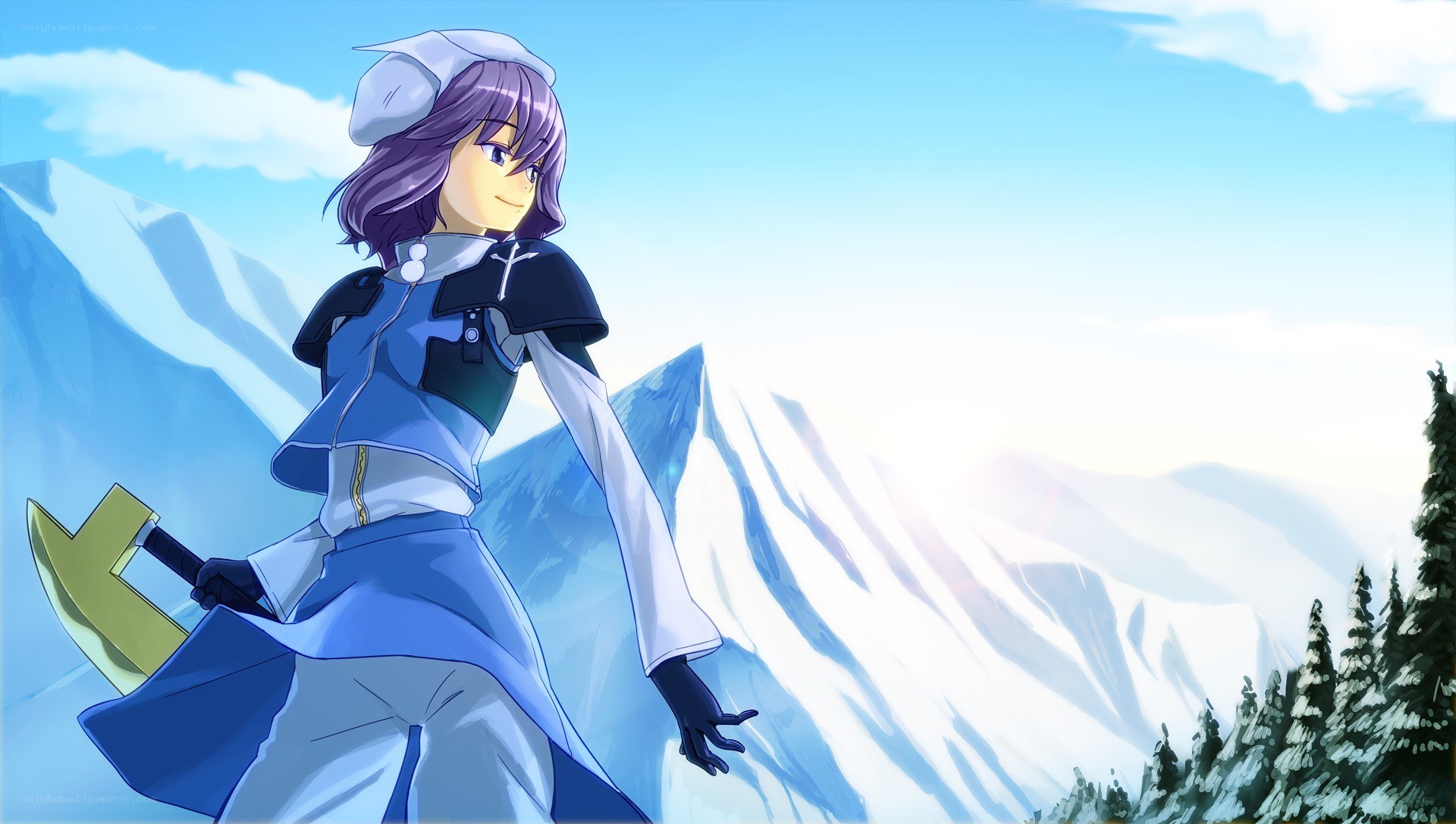 anime character with axe in mountains