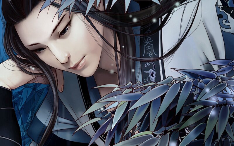 Anime Character with Bamboo — Blue