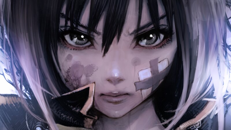 Anime Character with Bandages — Black, Dramatic, Digital Art