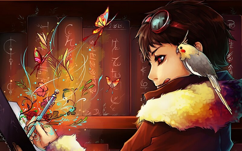 Anime Character with Bird — Brown, Calm, Digital Art