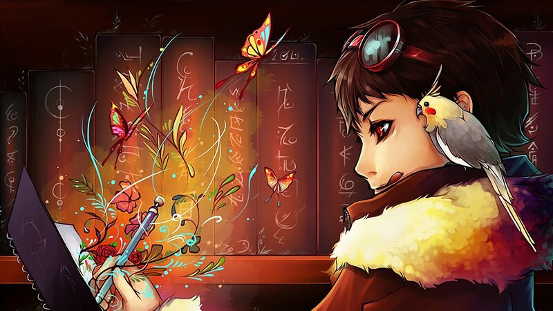 Anime Character with Bird — Brown, Calm