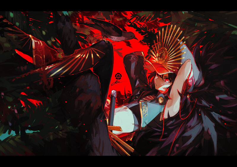Anime Character with Bird — Red, Dramatic, Digital Art