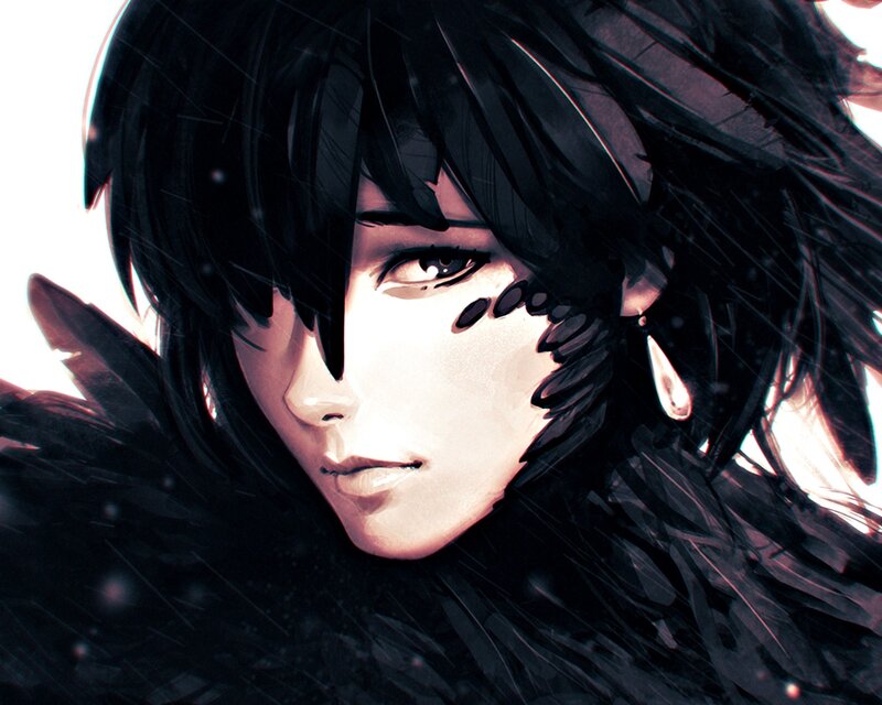Anime Character with Black Hair — Dramatic, Digital Art, Black Feathers