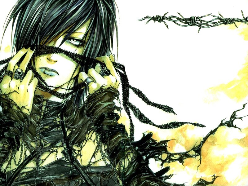 Anime Character with Black Hair — Dramatic, Manga, Barbed Wire, Chains, Skull Rings