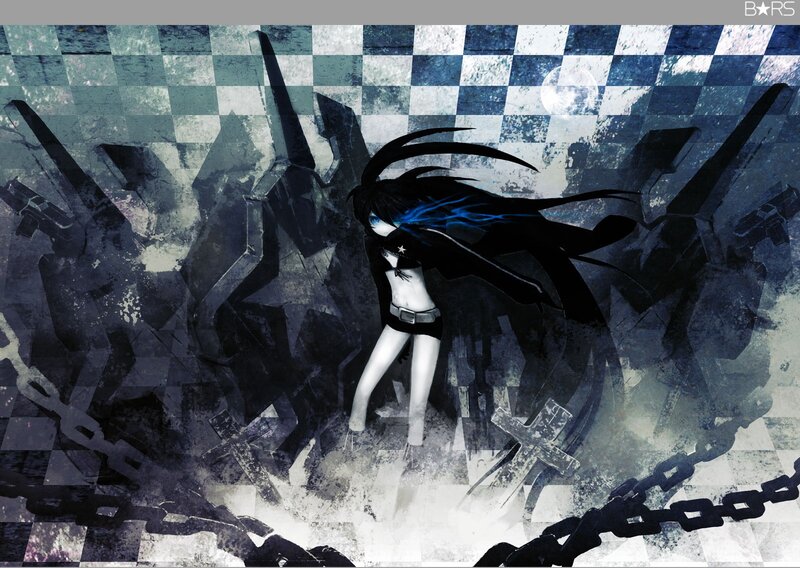 Anime Character with Black Hair — Dramatic, Night, Digital Art, Chains, Checkered Background