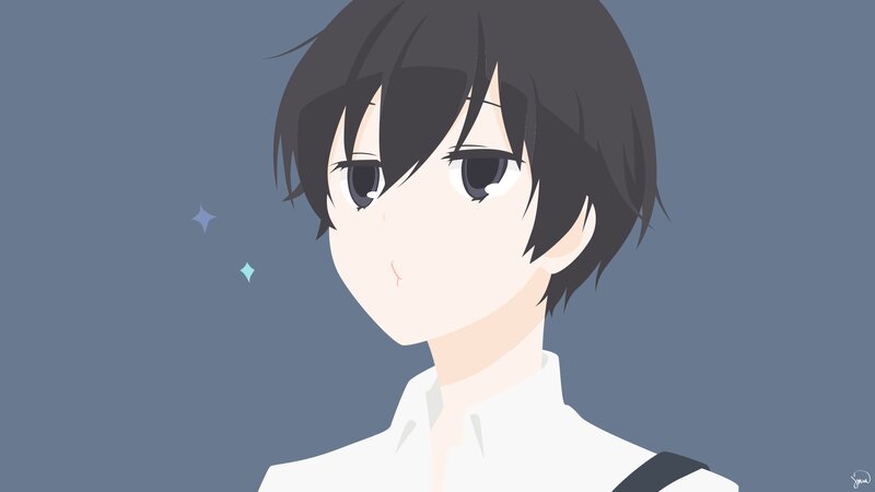 Anime Character with Black Hair — Gray, Neutral, White Shirt, Sparkles