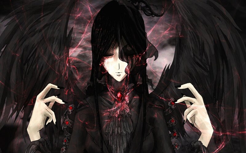 Anime Character with Black Wings — Dramatic, Manga, Red Gems
