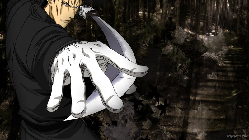 anime character with blade in forest
