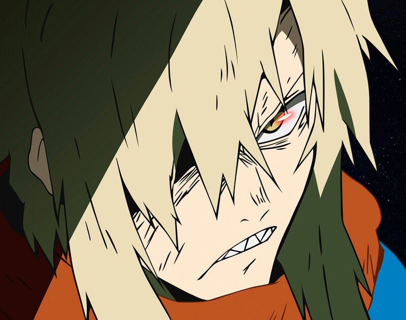 Anime Character with Blonde Hair — Green, Intense, Dramatic