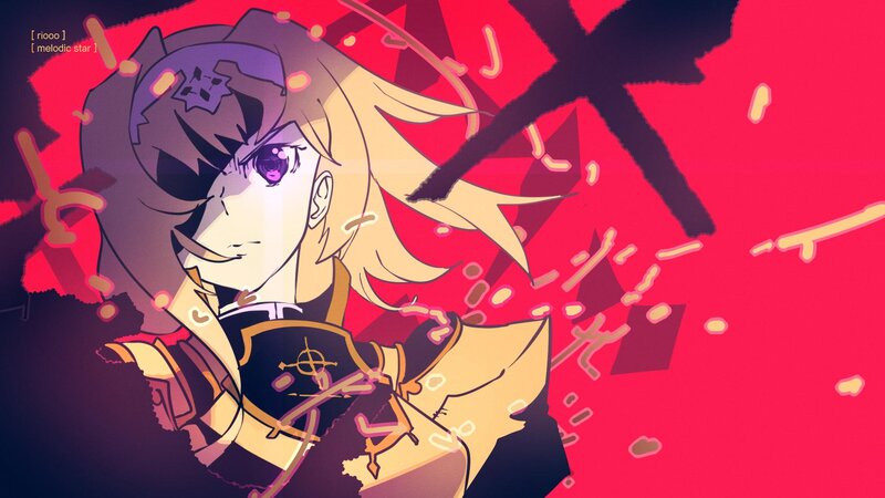 Anime Character with Blonde Hair — Red, Dramatic, Digital Art, Purple Eyes