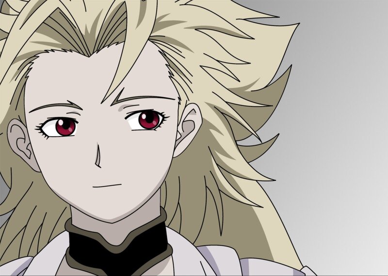 Anime Character with Blonde Hair — Serious, Red Eyes