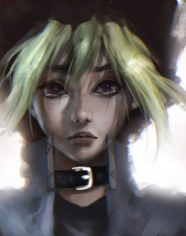 Anime Character with Blonde Hair — White, Dramatic, Digital Art, Purple Eyes