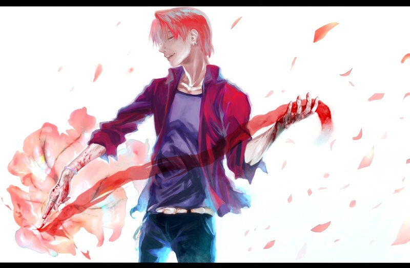 Anime character with blood and petals