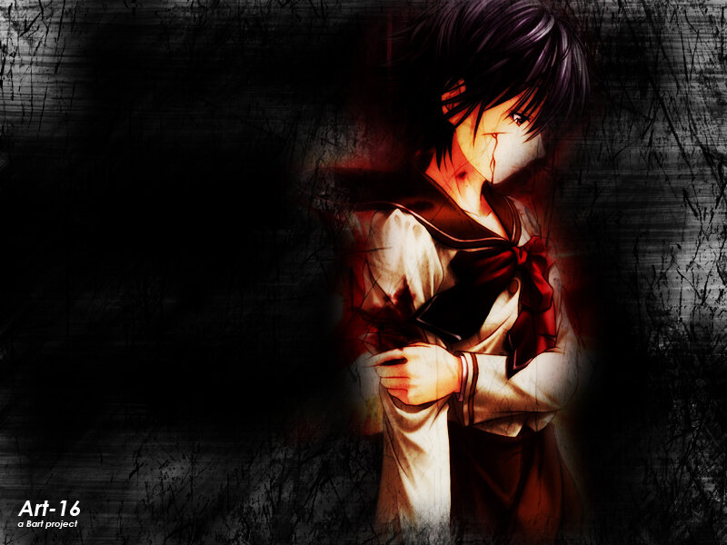 Anime Character with Blood — Black, Dramatic, Digital Art