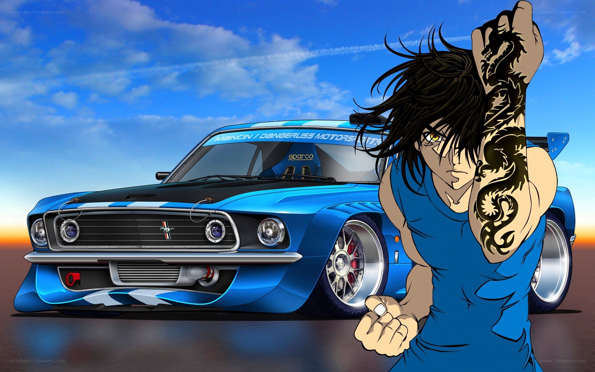 Anime character with blue car