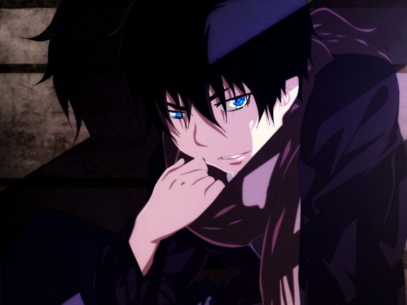 Anime Character with Blue Eyes — Black, Dramatic, Dark Jacket