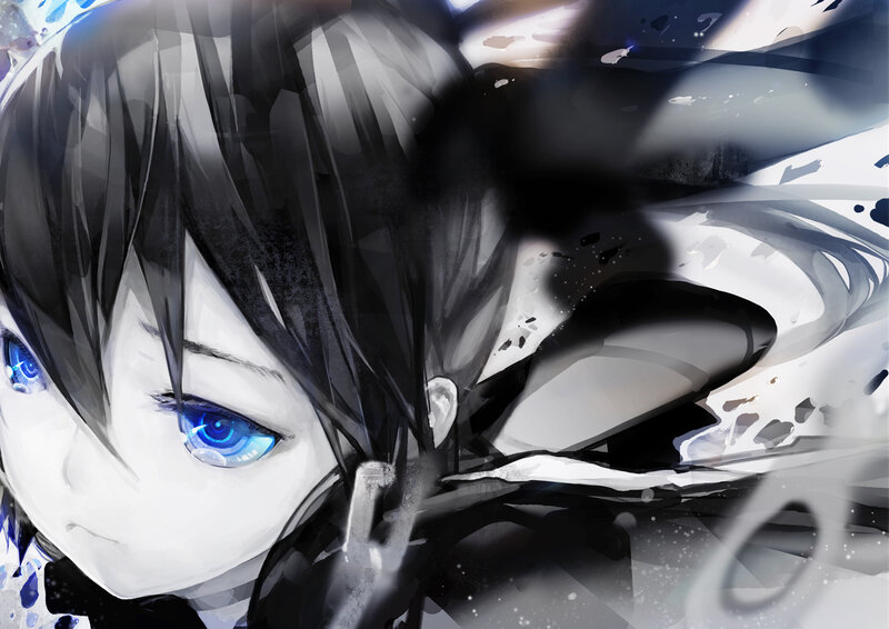 Anime Character with Blue Eyes — Black, Dramatic, Digital Art, Blue Eyes, Black Hair, Splatter Effect