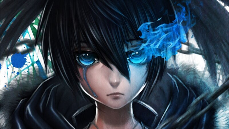 Anime Character with Blue Eyes — Black, Dramatic, Digital Art, Blue Flame