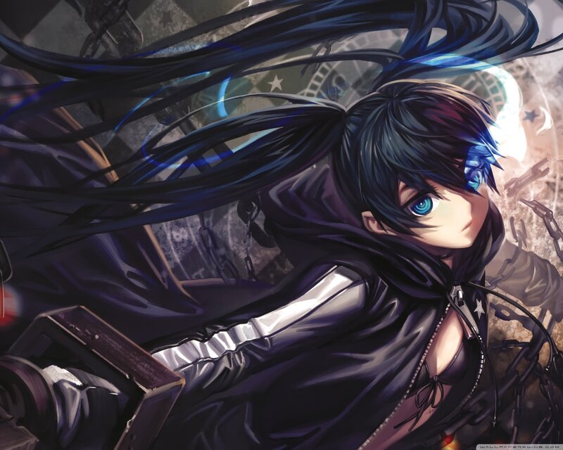 Anime Character with Blue Eyes — Black, Dramatic, Digital Art, Chains, Hoodie