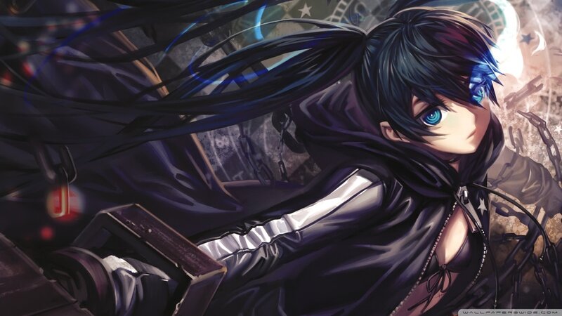 Anime Character with Blue Eyes — Black, Dramatic, Digital Art, Chains, Stars