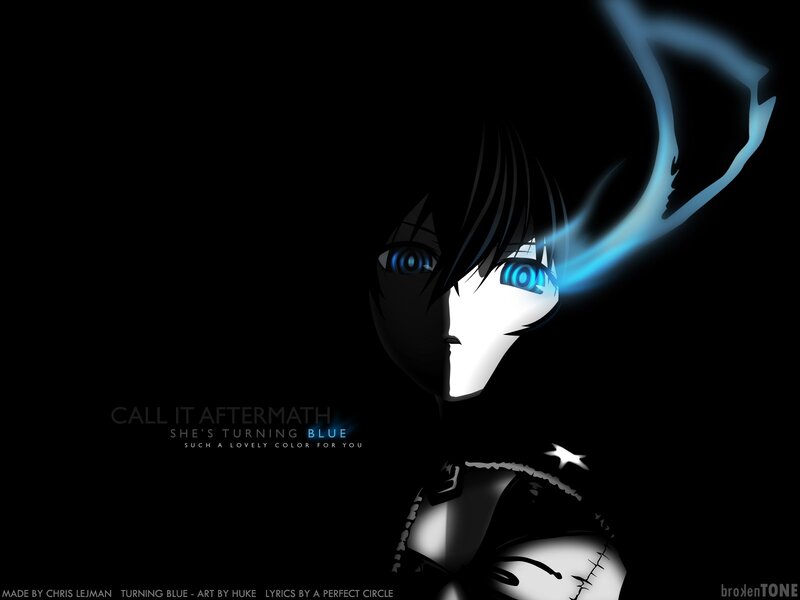Anime Character with Blue Eyes — Black, Dramatic, Digital Art, Text