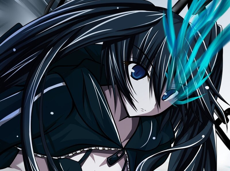 Anime Character with Blue Eyes — Black, Dramatic, Long Black Hair, Blue Energy