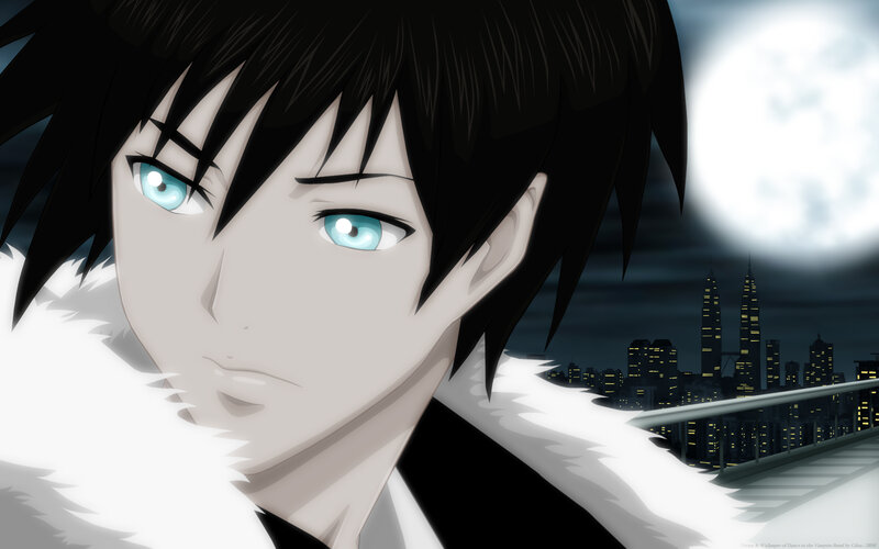 Anime Character with Blue Eyes — Black, Dramatic, Night, City Skyline