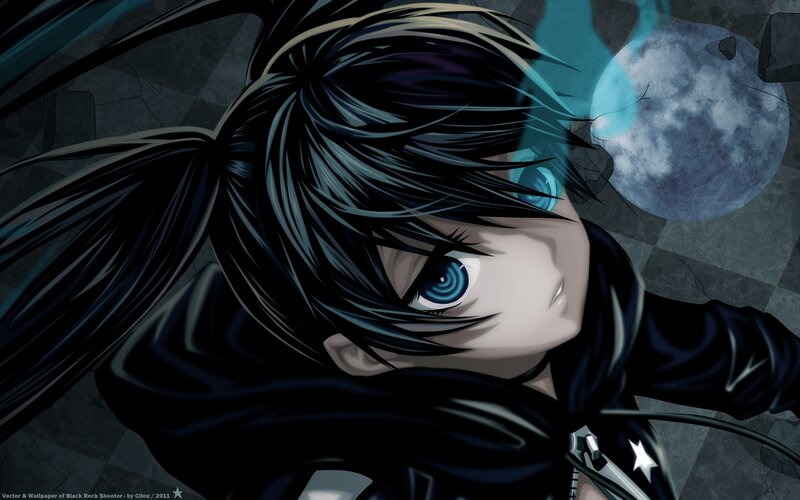 Anime Character with Blue Eyes — Black, Dramatic, Night, Moon, Pigtails