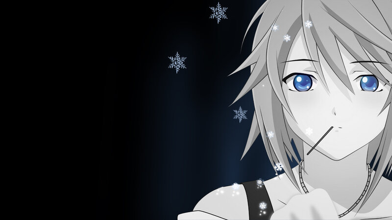 Anime Character with Blue Eyes — Black, Dramatic, Night, Snowflakes