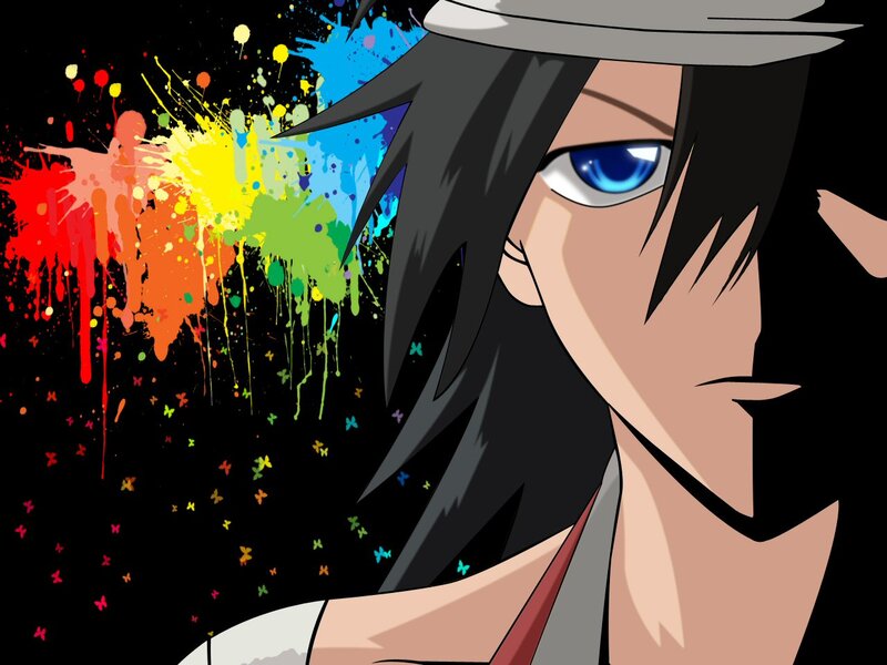 Anime Character with Blue Eyes — Black, Dramatic, Paint Splatter