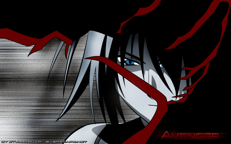 Anime Character with Blue Eyes — Black, Dramatic, Red Lines, Black Background