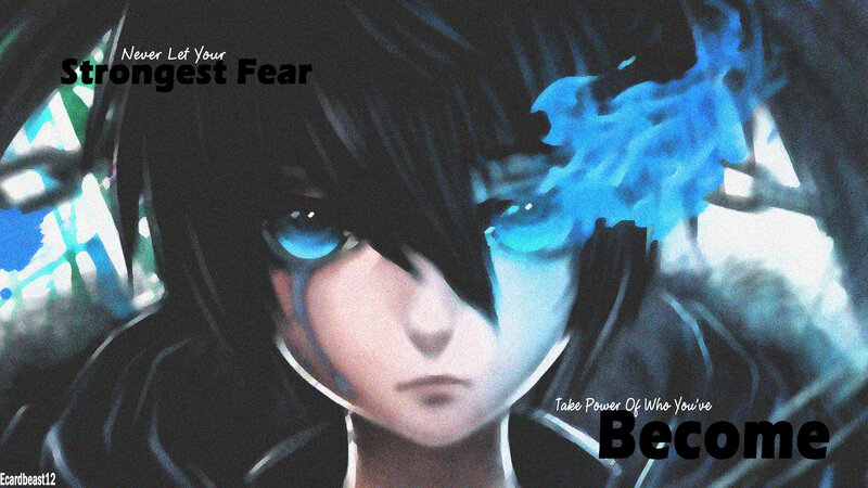 Anime Character with Blue Eyes — Black, Dramatic, Text