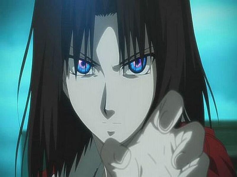 Anime Character with Blue Eyes — Dramatic, Hand Gesture