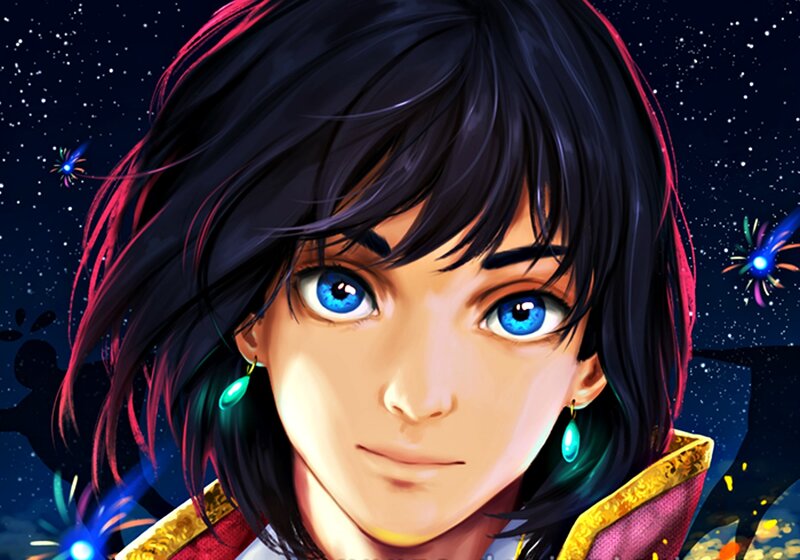 Anime Character with Blue Eyes — Dramatic, Night, Digital Art, Fireworks