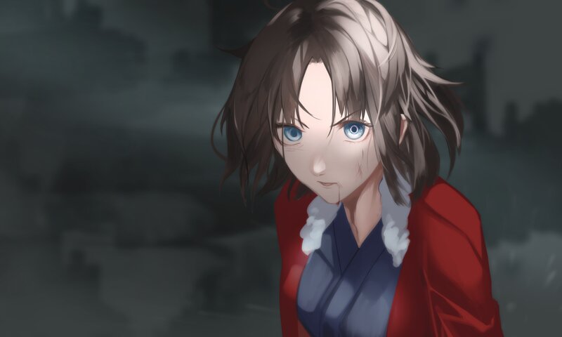 Anime Character with Blue Eyes — Red, Dramatic, Night