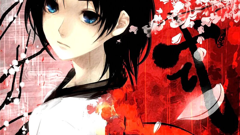 Anime Character with Blue Eyes — Red, Dramatic, Spring, Manga, Cherry Blossoms