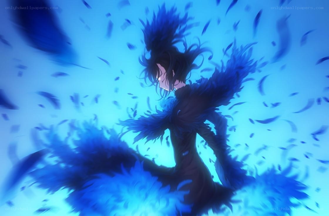 anime character with blue feathers