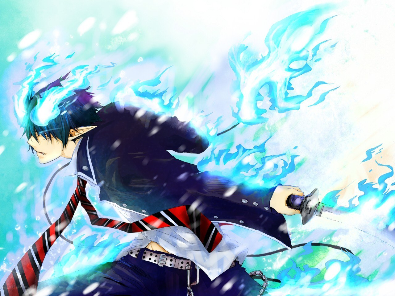 anime character with blue flames