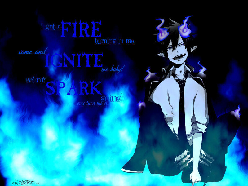 Anime Character with Blue Flames — Dramatic, Text