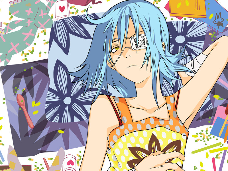 anime character with blue hair