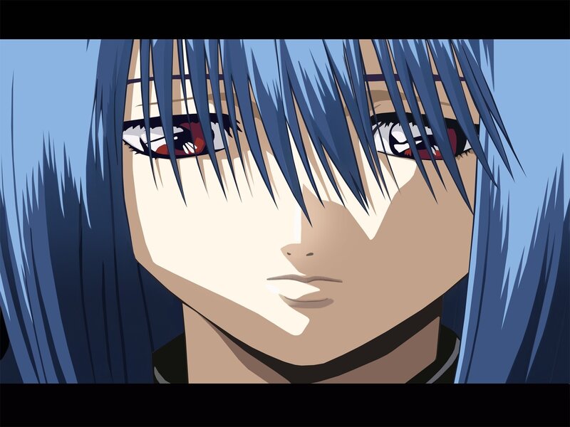 anime character with blue hair