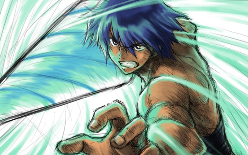 anime character with blue hair
